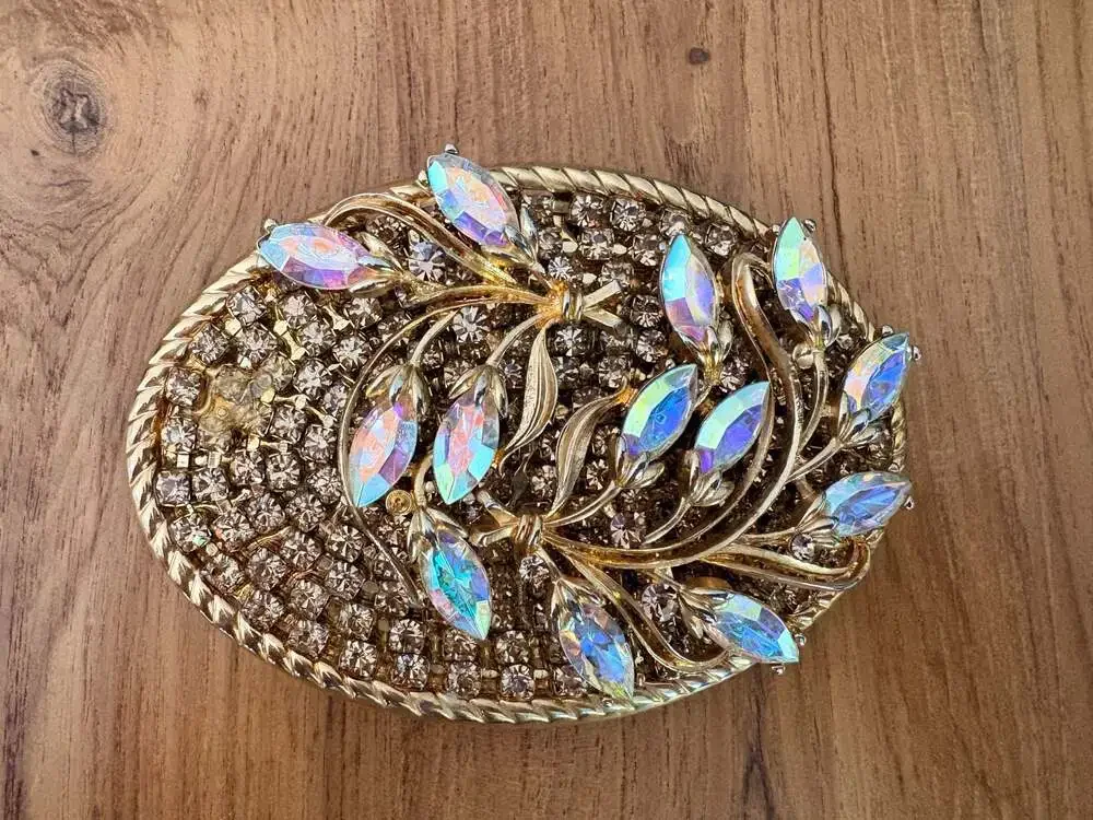 Vintage Cochini Aurora Borealis Rhinestone Floral Leaf Belt Buckle
